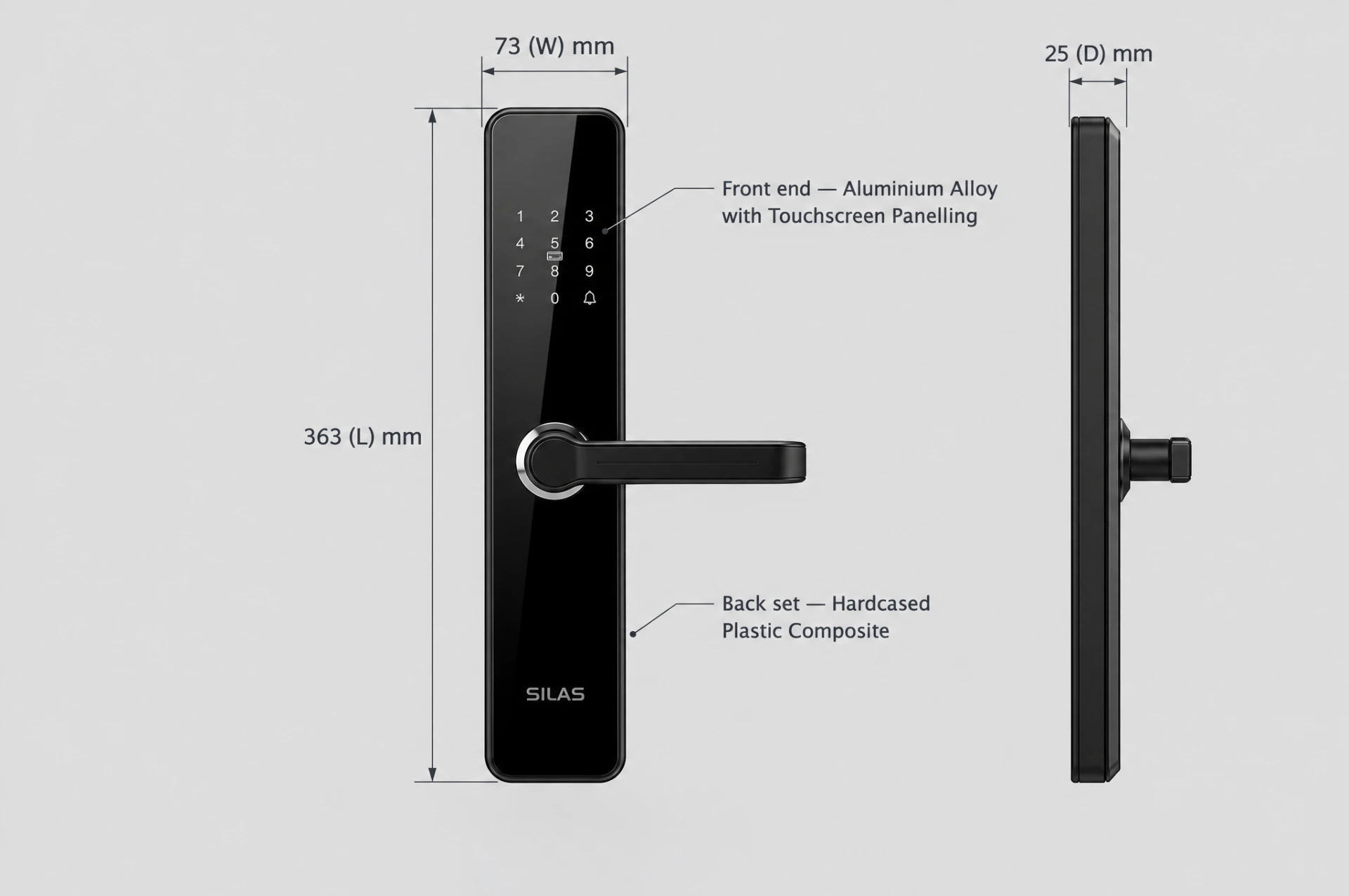 SILAS smart lock dimensions: 363 (L) × 73 (W) × 25 (D) mm