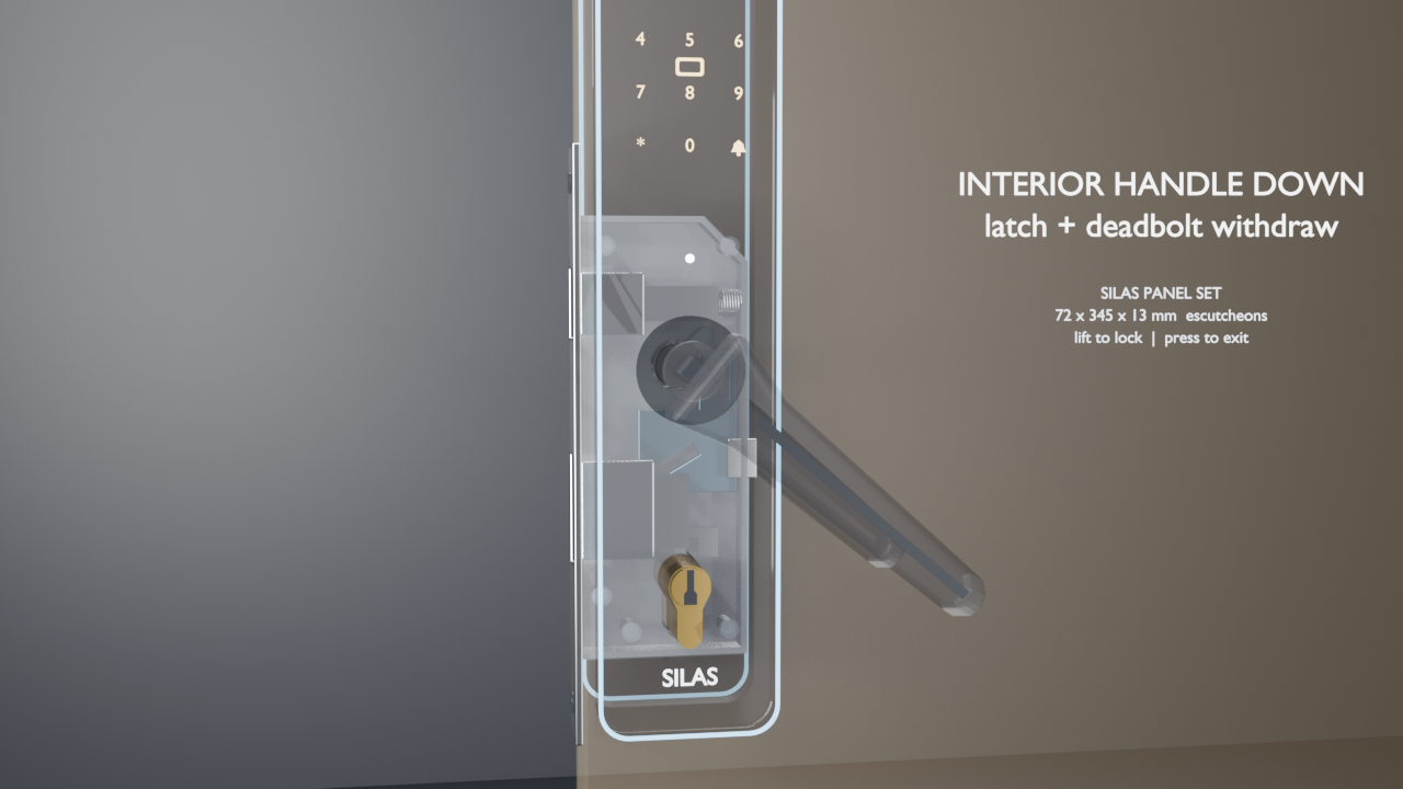 Interior handle pressed down, latch and deadbolt withdrawing